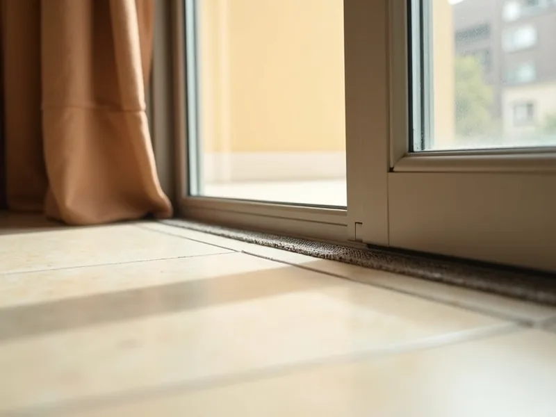 Détail d’un seuil de porte-fenêtre avec rail de guidage bas et brosse d’étanchéité