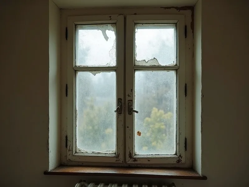 Fenêtre ancienne à simple vitrage avec condensation