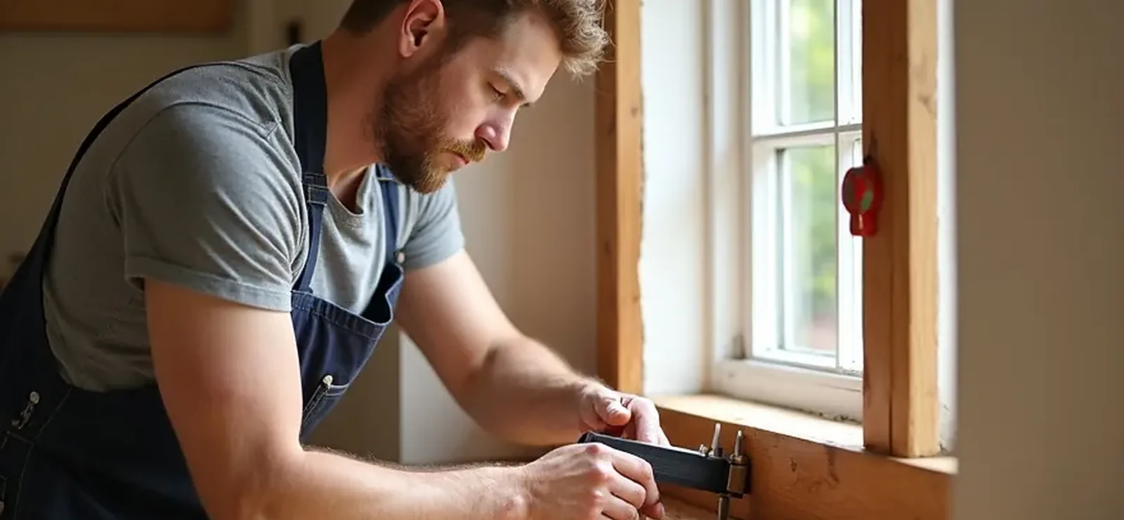 Artisan de l’Atelier des Ouvertures prenant les mesures d’une fenêtre à Genève